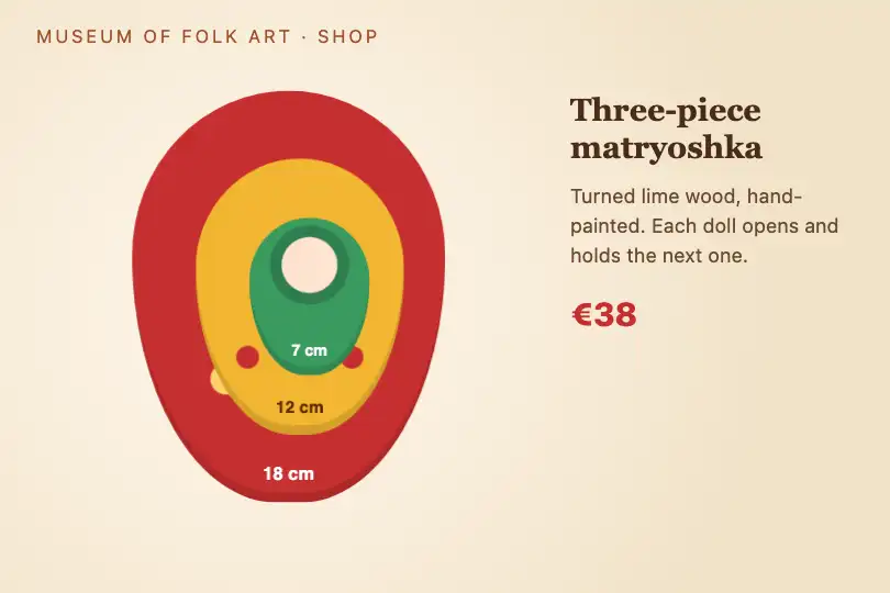Nesting Russian dolls — craft shop of a folk art museum — Immersive Depth Scroll example 1