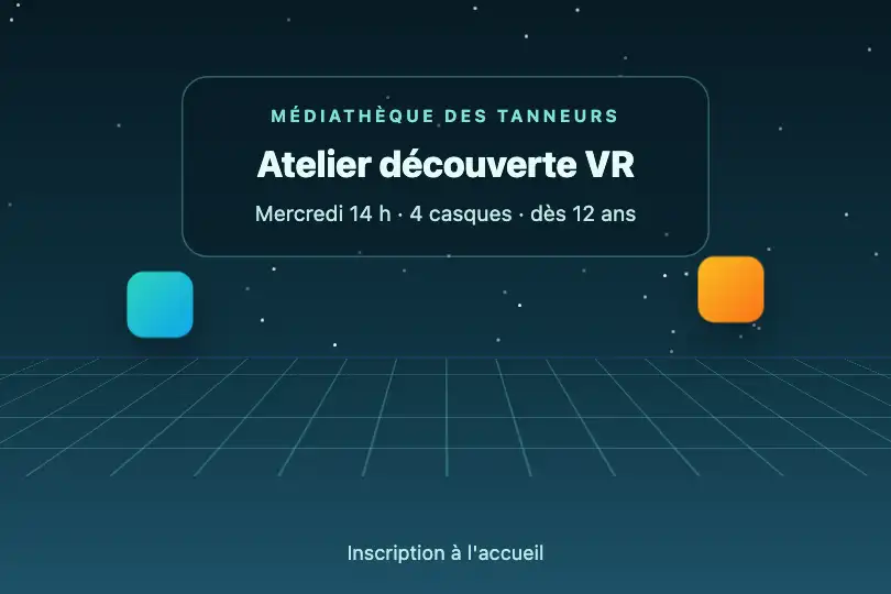 Écran d'accueil des casques de réalité virtuelle prêtés — page d'une médiathèque — XR Environment exemple 3