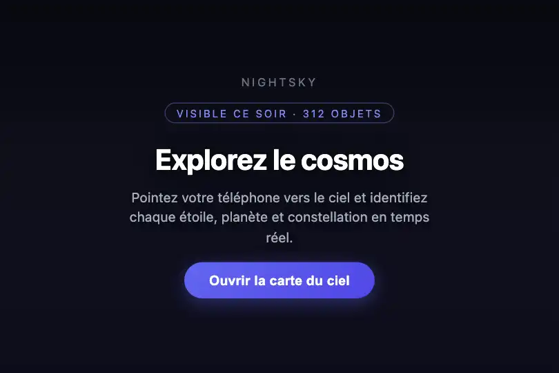 Landing plein écran — App d'astronomie — Starry Night exemple 1