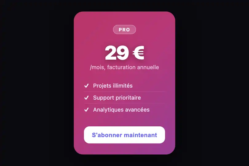 Carte tarifaire — Fond du plan mis en avant — Gradient Animation Loop exemple 2
