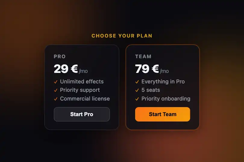 Pricing section — Plan cards over a living background — Floating Shapes example 2