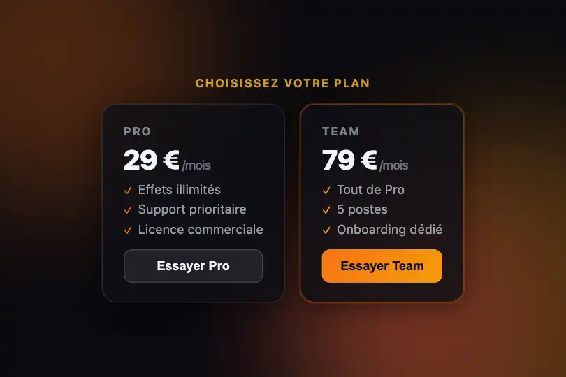 Section pricing — Cartes de plans sur fond vivant — Floating Shapes exemple 2