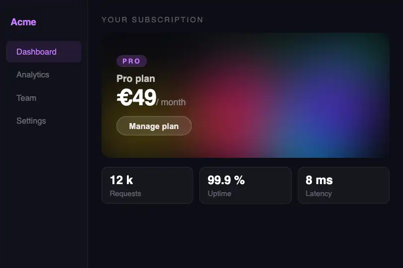 Premium card — Interactive background in a dashboard — Interactive Mesh example 2