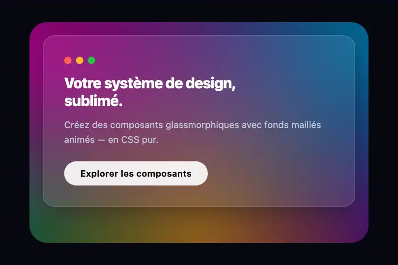 Carte feature — Section d'accueil avec glassmorphisme central — Glass Mesh Card exemple 1