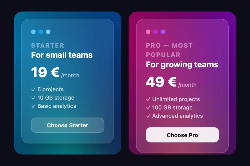 Pricing card — SaaS subscription plans — Glass Mesh Card example 2