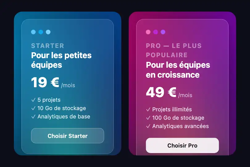 Carte tarifaire — Plans d'abonnement SaaS — Glass Mesh Card exemple 2