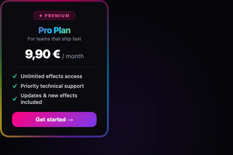 Pricing card — Pro plan highlighted — Animated Border Mesh example 1