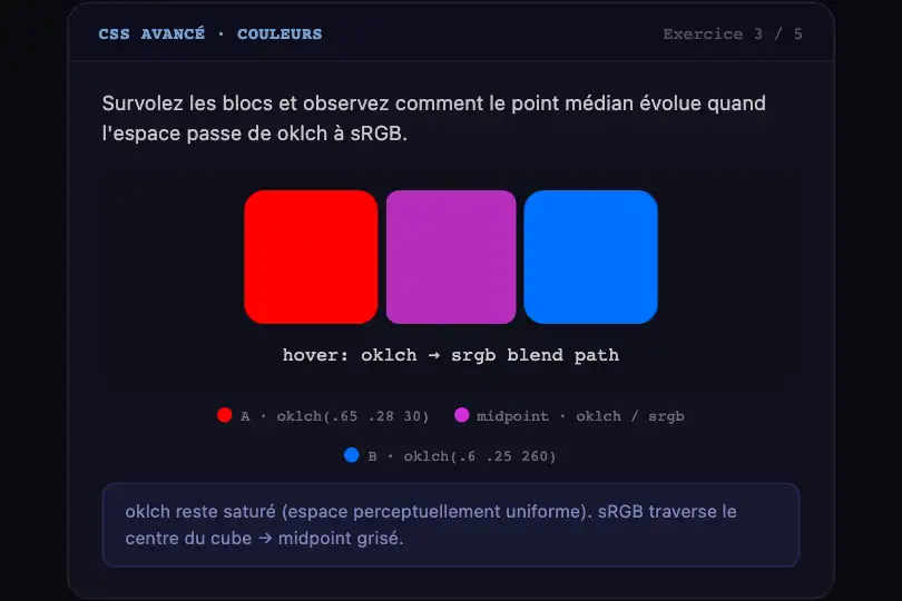 Module e-learning CSS — Exercice interactif sur les espaces de mélange — Color Mix Crossfade exemple 3