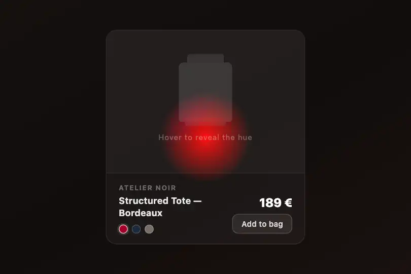 E-commerce product card — Color variant reveal on hover — Gradient Spotlight example 2