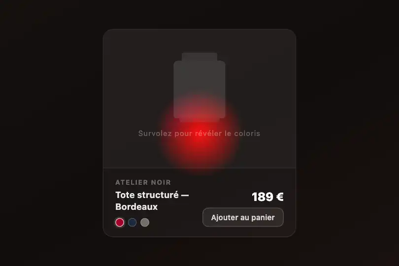 Carte produit e-commerce — Révélation de coloris au survol — Gradient Spotlight exemple 2