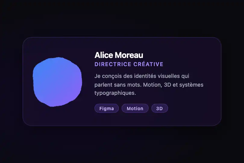 Carte portfolio — avatar organique sur une page bio — Organic Blob exemple 2