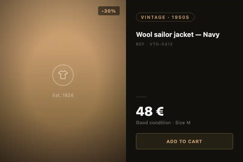 Vintage shop — Product card with CSS-aged photo — Vintage Photo example 3