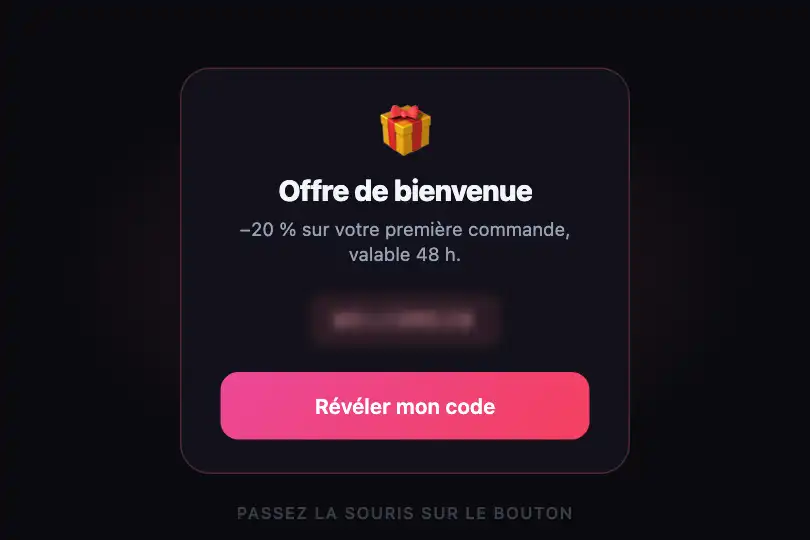 Reveal a promo code — welcome offer card — Particle Trail example 3