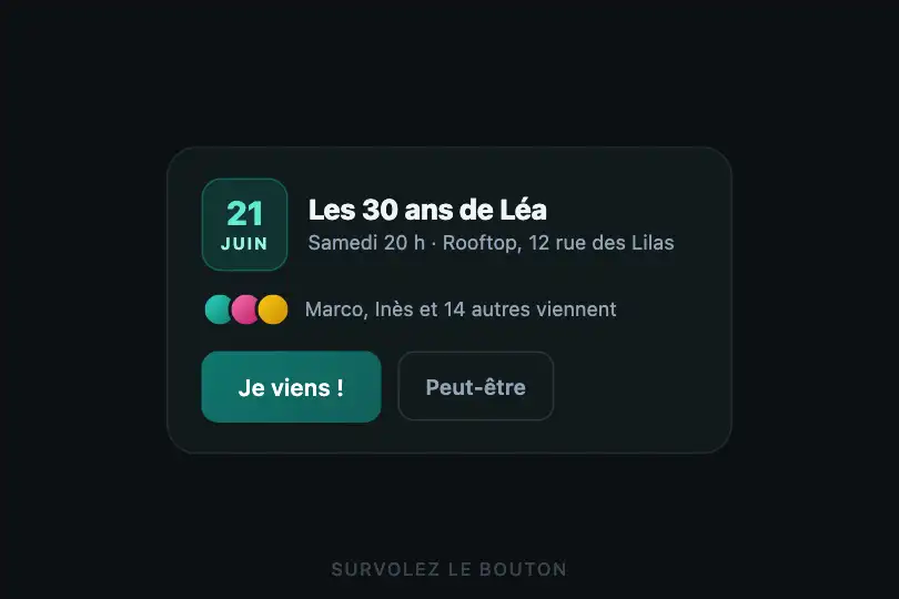 Je viens ! — carte d'invitation à une fête — Split Text exemple 2