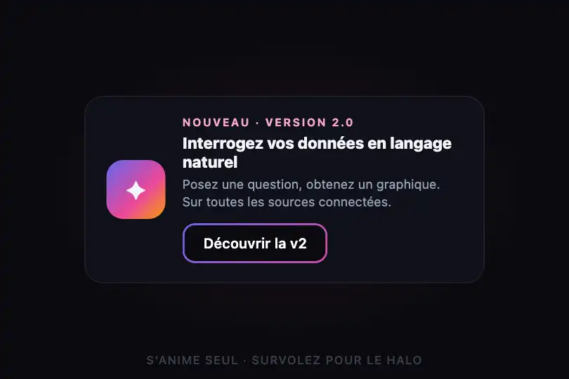 Découvrir la v2 — carte d'annonce de fonctionnalité — CTA Gradient Border exemple 3