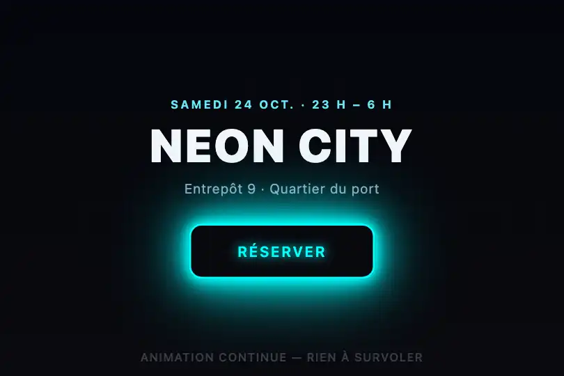 Book now — landing page of a night event — Neon Pulse example 1