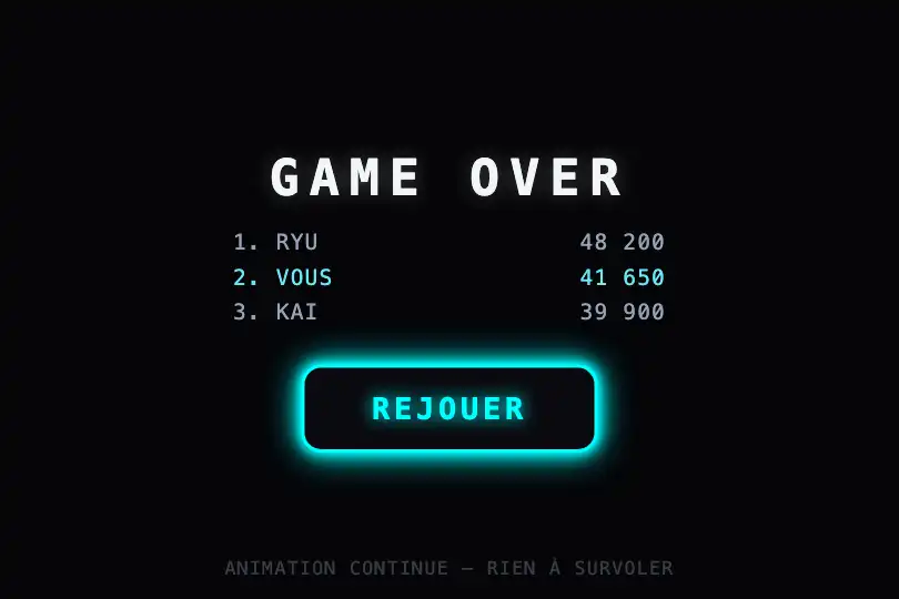 Play again — game-over screen of an arcade machine — Neon Pulse example 3