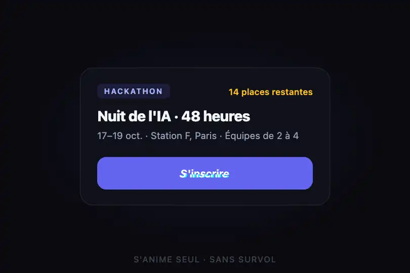 Inscription à un hackathon — carte d'événement tech — Glitch Effect exemple 3