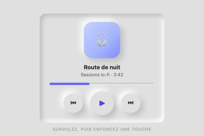 Commandes d'un lecteur audio — précédent, lecture, suivant — Neumorphic exemple 1