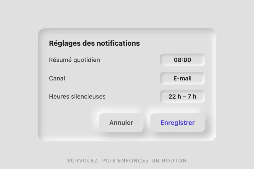Enregistrer / Annuler — panneau de réglages — Neumorphic exemple 2