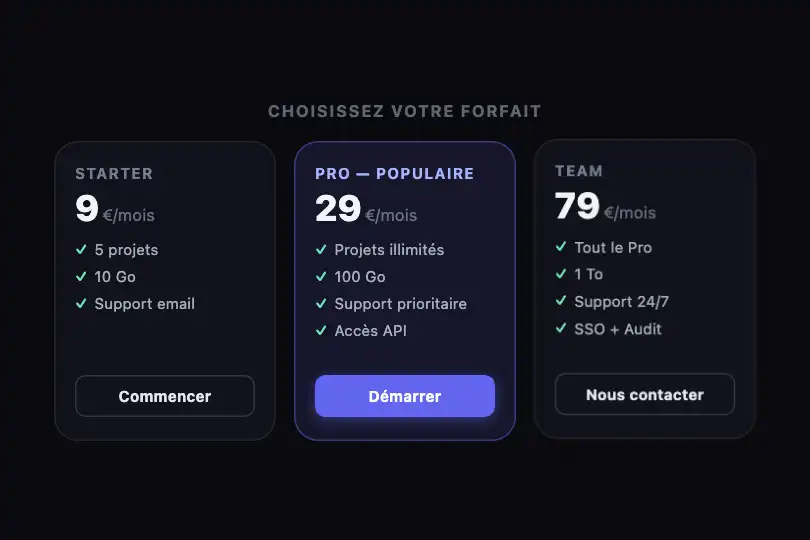 Grille de tarifs — Sélection de plan SaaS — Hover Lift exemple 1