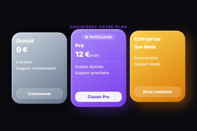 Sélecteur de plan — Cartes tarifaires Free / Pro / Enterprise — Claymorphism exemple 2