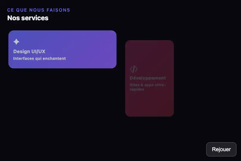 Grille de services d'agence — Chaque offre révélée en cascade — Animated Bento exemple 2