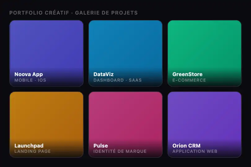 Portfolio créatif — Galerie de projets cliquables — Interactive Bento exemple 3