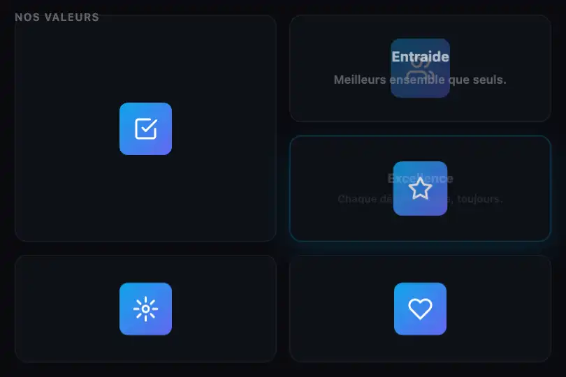 About page — Team values — Hover Reveal Bento example 2