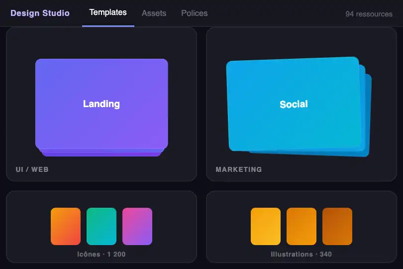 Bibliothèque de templates — Sélecteur de ressources design — Bento Card Stack exemple 1