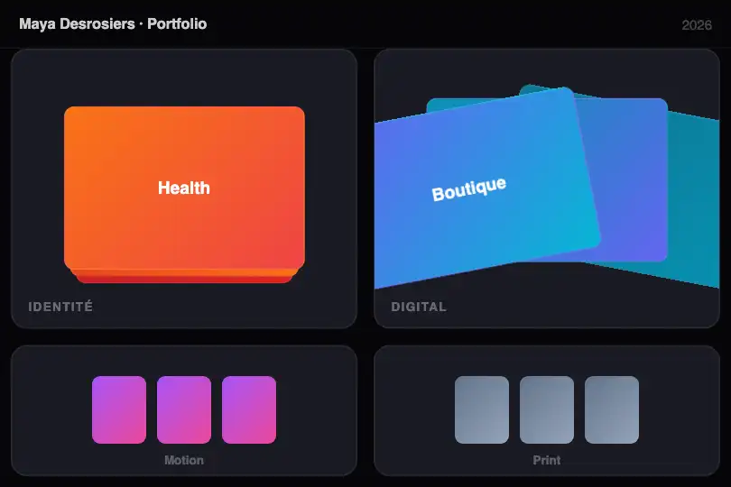 Portfolio créatif — Galerie de projets par catégorie — Bento Card Stack exemple 3