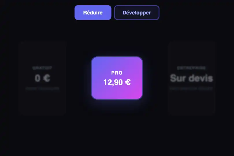 Pricing grid — Card that reveals its features on click — Card Expand to Full example 1