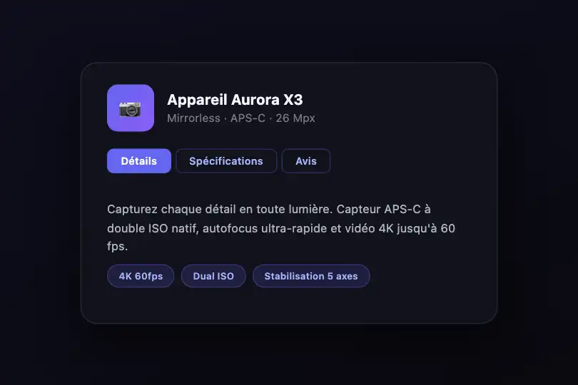 Fiche produit — Détails / Spécifications / Avis — Tab Content Morph exemple 1
