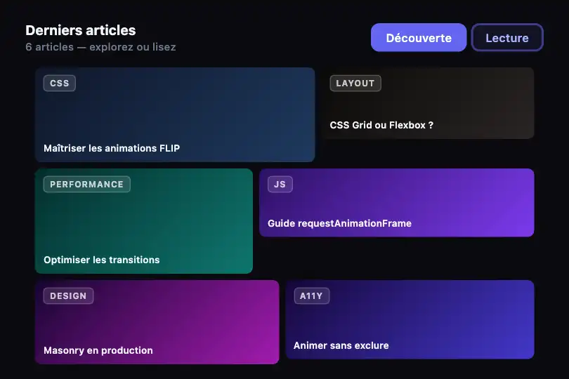 Liste d'articles — Mode découverte masonry vs lecture linéaire — Masonry to Grid exemple 3