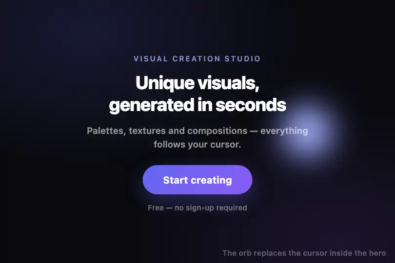 Dark hero on a landing page for a creative tool — Glow Effect example 1