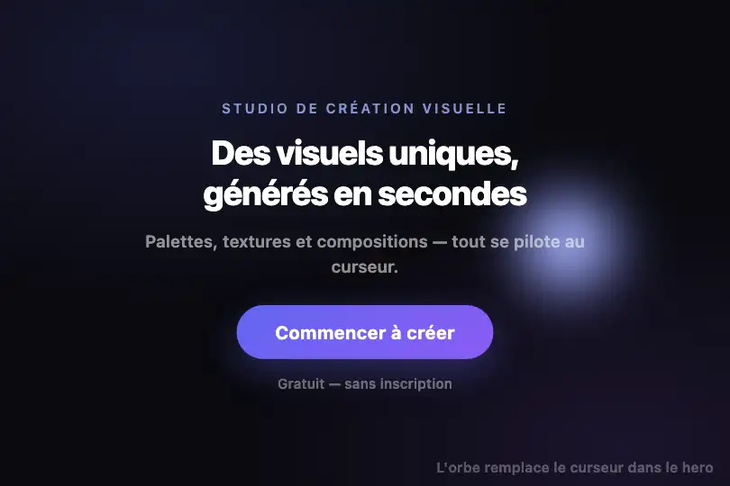 Hero dark d'une landing pour outil créatif — Glow Effect exemple 1
