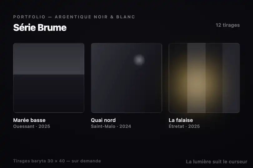 Galerie photo en noir et blanc — portfolio monochrome — Glow Effect exemple 2