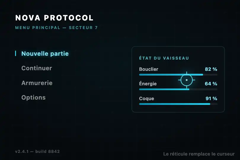 Interface de jeu ou cockpit de données en dark mode — Glow Effect exemple 3
