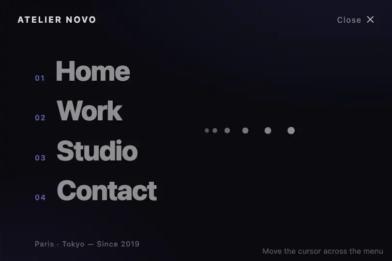 Full-screen menu — creative navigation — Cursor Trail example 1