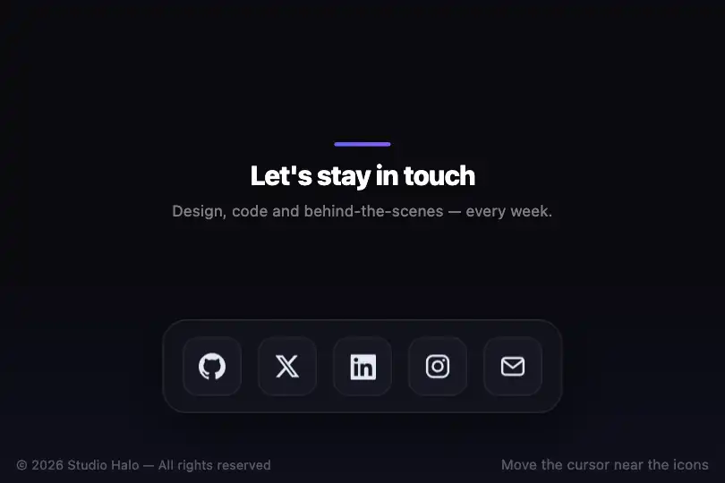 Footer social icons — floating dock — Magnetic Effect example 2