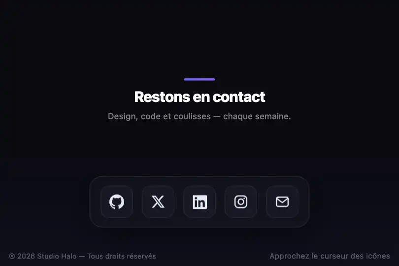 Icônes sociales d'un footer — dock flottant — Magnetic Effect exemple 2