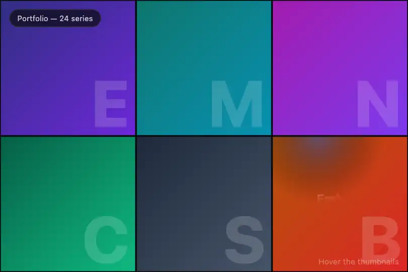 Hidden titles over a thumbnail grid — portfolio or catalog — Spotlight Reveal example 3