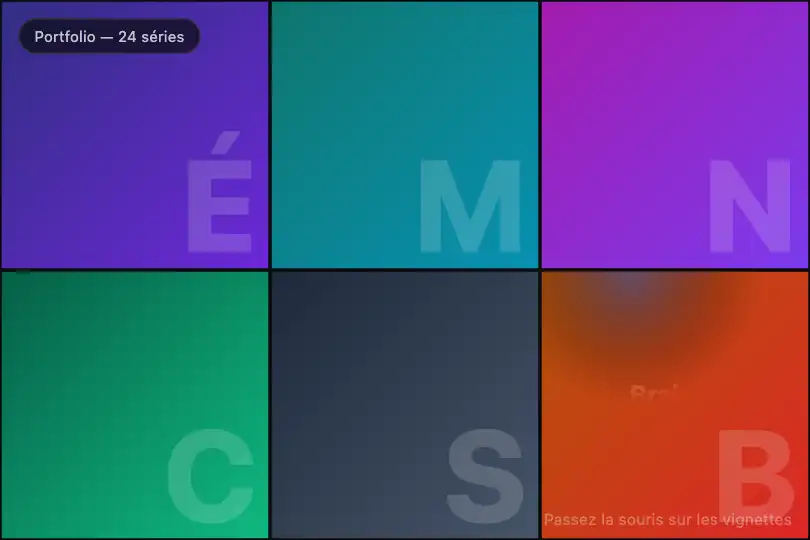 Titres cachés sur une grille de vignettes — portfolio ou catalogue — Spotlight Reveal exemple 3