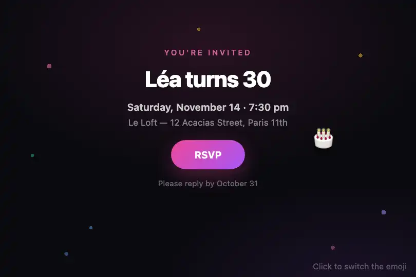 Invitation page for a birthday or private event — Emoji Cursor example 2