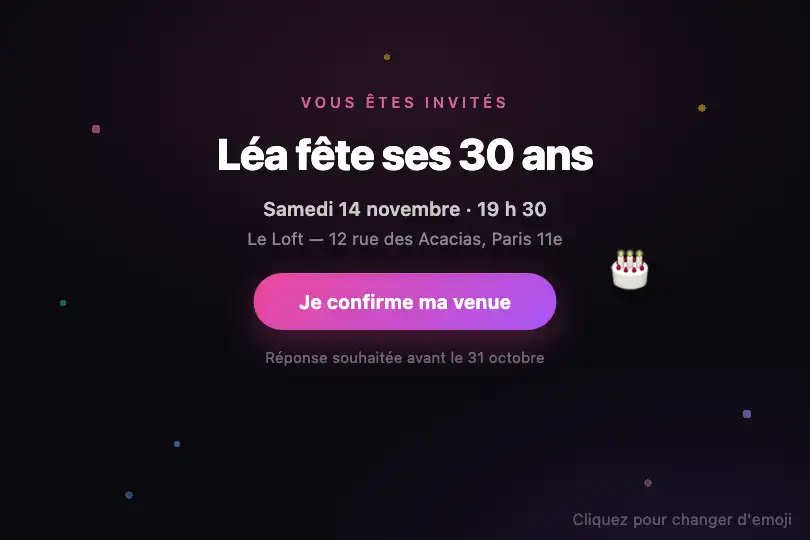 Page d'invitation à un anniversaire ou un événement privé — Emoji Cursor exemple 2