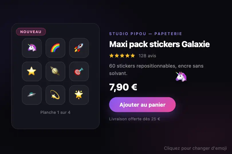 Page produit pour stickers, papeterie ou jeux enfants — Emoji Cursor exemple 3