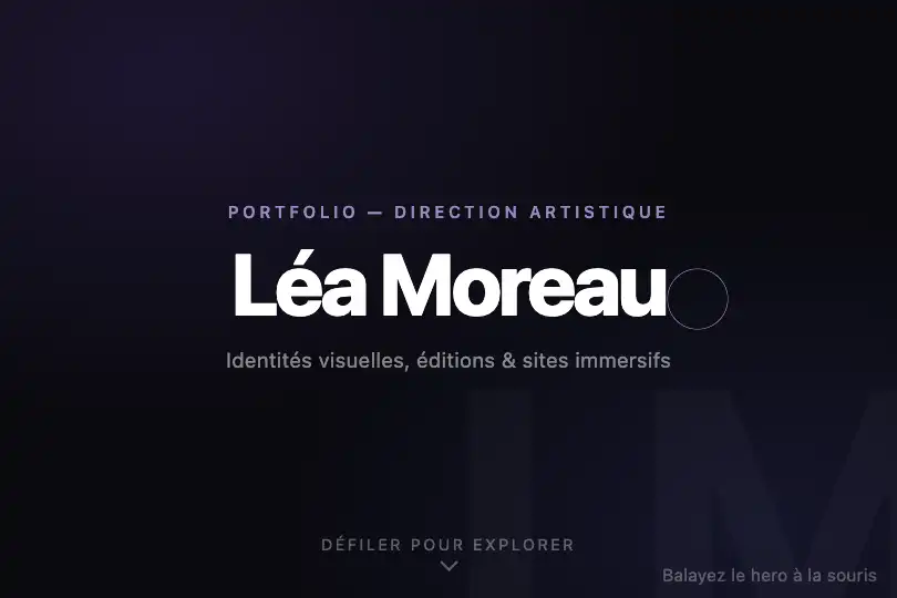 Hero plein écran d'un portfolio créatif — Cursor Ripple exemple 2