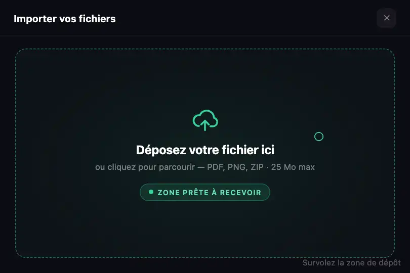 Dropzone active en attente de dépôt de fichier — Cursor Ripple exemple 3
