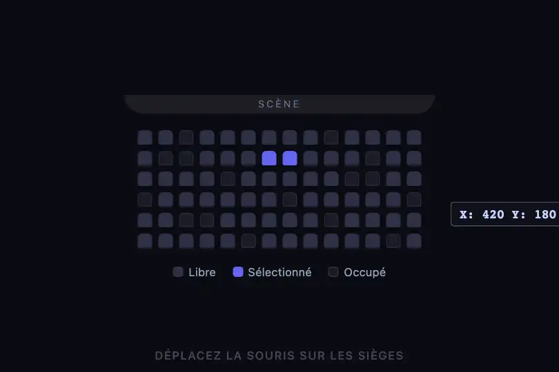 Plan de salle — repérage d'un siège — Cursor Text exemple 2