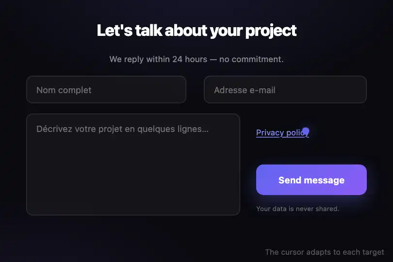 Sign-up or contact form — mixed field types — Cursor Morph example 1